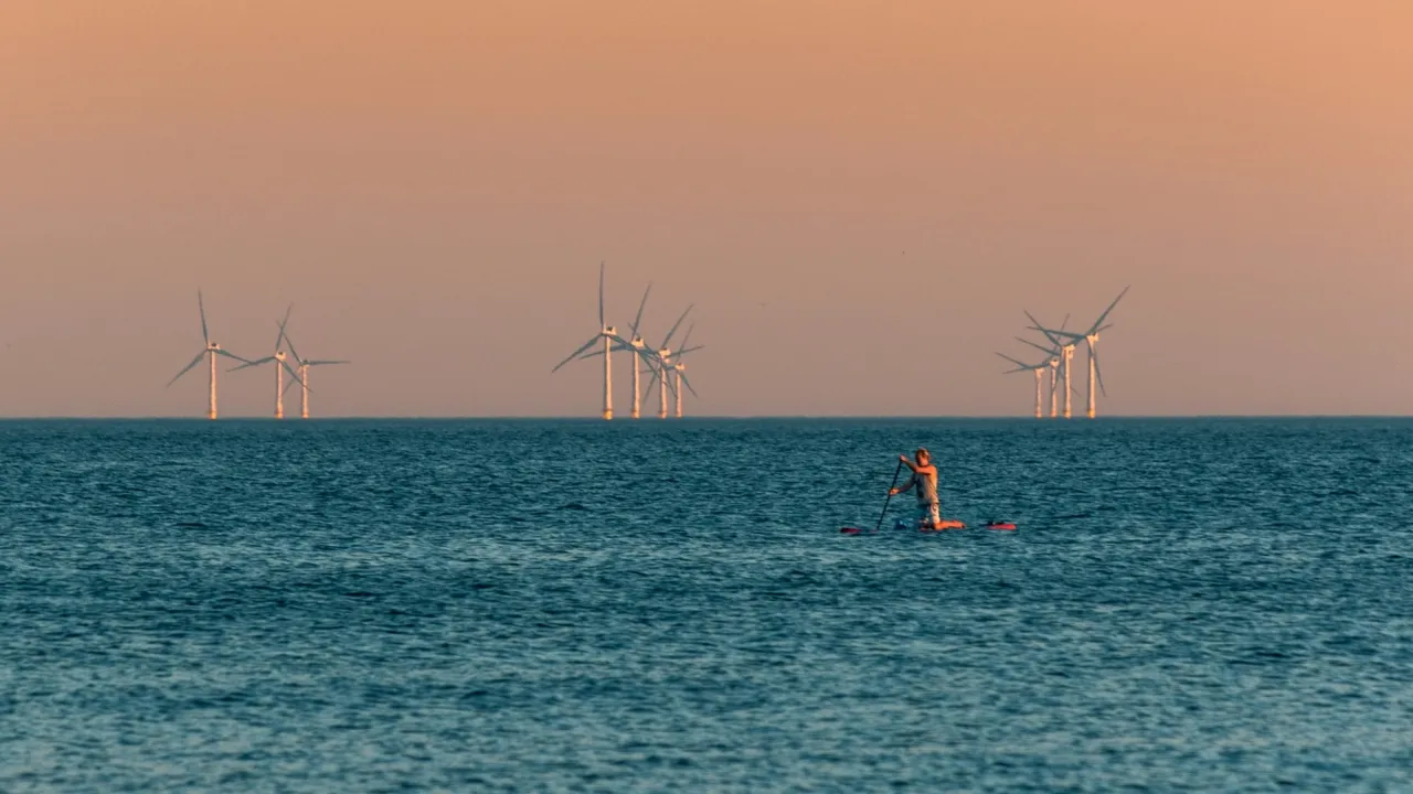 Offshore wind farm with a paddleboarder nearby